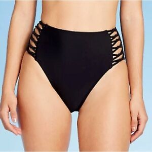 Xhiliration Black High Waisted Bathing Suit Bottoms, Knotted and Strappy